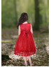 Beaded Red Satin Glitter Tulle 3D Flowers Sparkly Flower Girl Dress